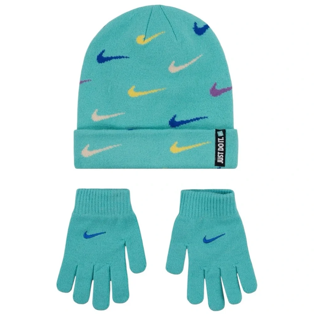 NIKE Kids Beanie & Gloves Set Swoosh Repeat Turquoise Green Frost NWT